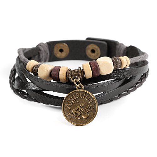 Lucky Handmade Natural Constellation Zodiac Sign Logo Genuine Real Leather Bracelet with Charms, Beads, Button, Adjustable Size, Gift for Him or for Her, Unisex (Aquarius - Black Leather)