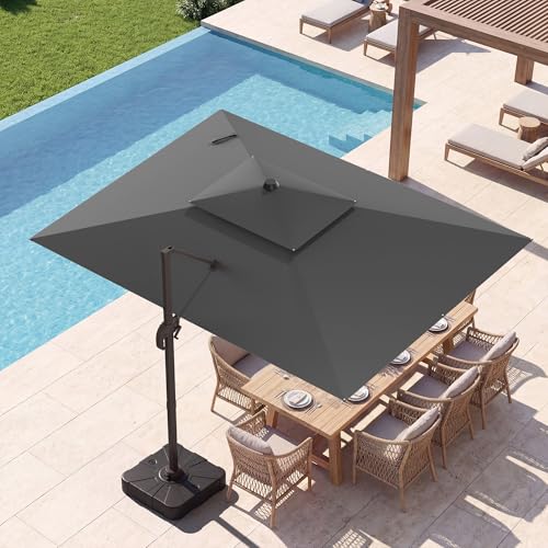 9x12 FT Patio Umbrella with base, Large Cantilever Rectangular Double Top Heavy Duty Offset Umbrellas with 360° Rotation, Outdoor shade for Garden Deck Pool, Gray
