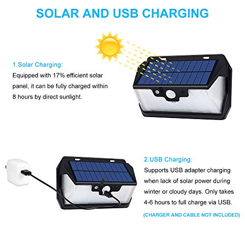 Solar Lights Outdoor, Pobon 55 LEDs [USB Charging & Remote Control] Solar Motion Sensor Light, [3 Lightning Modes] Solar Powered Security Lamp for Garden, Patio, Yard, Walkway, Driveway - Thumbnail 2