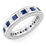 925 Sterling Silver Princess Cut Blue & White Cubic Zirconia CZ Eternity Band Ring