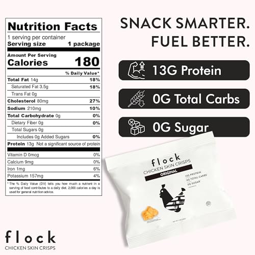 Flock Keto Chicken Skin Chips – Original Flavor, Low Carb, High Protein, Gluten-Free Chicken Crisps, Keto Snack, Low Carb Chips, Protein Crackers, Diet Snacks, 8-Pack (1oz)