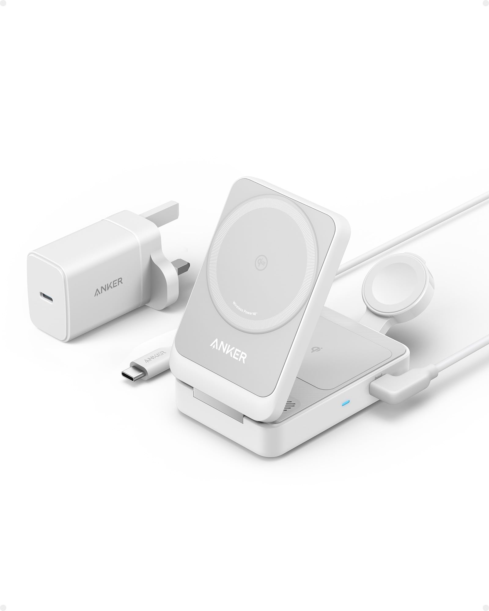 Anker MagGo 3-in-1 Wireless Charging Station, Qi2 Certified 15W MagSafe Compatible Wireless Stand, For iPhone 15, AirPods, Apple Watch, and More (40W USB-C Adapter Included)