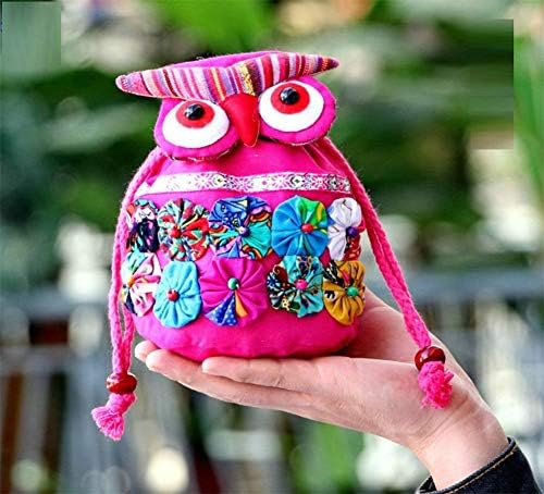 WDDqzf Yunnan ethnic handmade fabric bag shoulder slung owl mobile phone bag cute messy sundries storage bucket bag, owl (rose red)
