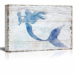 Canvas Wall Art - Mother Mermaid Holding Baby Mermaid | Maternal Love Ocean Theme Rustic Country Style Creative Mother