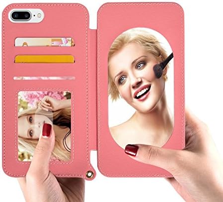 iPhone 7 Plus Case, AUYOUWEI Wallet Soft TPU Flexible Case with [Card Holder] [Kickstand ] [Mirror Makeup] [Strap] [Magnetic Folio Flip] Shockproof Protective Cover for iPhone 7 Plus (Rose Red)