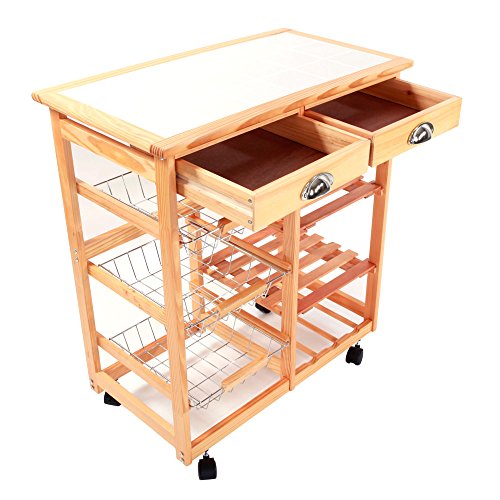 Alwaysprekit Rolling Kitchen Island Cart Kitchen & Dining Room Cart 2-Drawer Removable Storage Rack with Rolling Wheels Kitchen Utility Cart Wood Color - Thumbnail 5