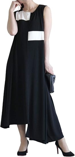 Amazon ゴールドジャパン 大きいサイズ レディース ワンピース ノースリーブ ロング マキシ パッチワーク モノトーン フレア ストレッチ ワンピース チュニック 通販