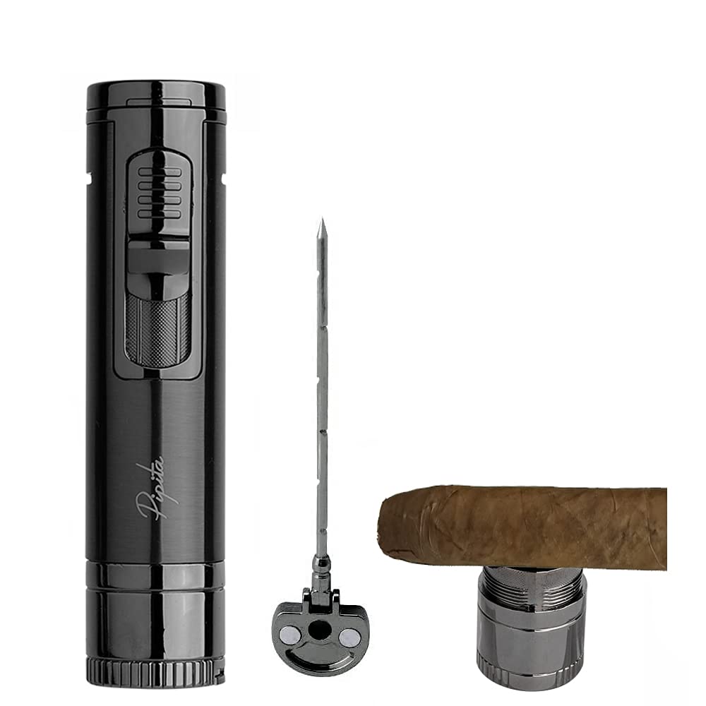PIPITA Cigar Torch Lighter with Holder & Needle,Windproof Single Jet Firelighters Torch Butane gas Lighter Refillable Cigar Lighters with Punch (Without Gas)