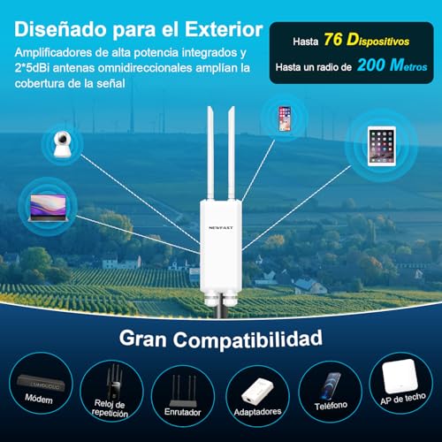 NEWFAST 1200Mbps Repetidor WiFi Exterior para Larga Distancia, 5.8Ghz/2.4Ghz, IP66 Impermeable Amplificador WiFi Exterior Doble Banda, Soporte PoE, WPA2, Punto de Acceso Exterior