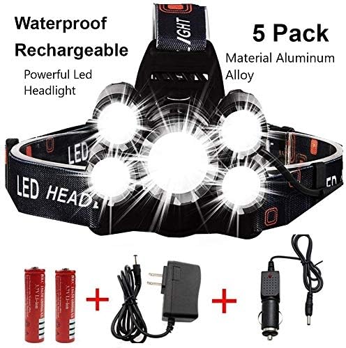 Waterproof 13000 Lumen 5 Led Headlamp XML T6+4Q5 Head Lamp Powerful Led Headlight, 2 18650 Rechargeable Batteries, Car Charger, Wall Charger for Outdoor Fishing Hunting