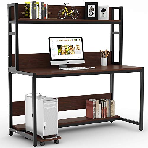 Tribesigns 55" Large Computer Desk with Hutch, Morden Writing Desk with Bookshelf, PC Laptop Study Table Workstation for Home, Cherry Brown+ Black Legs - Thumbnail 7