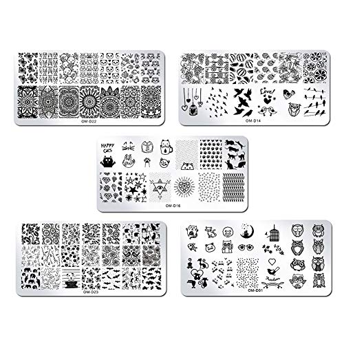 WOKOTO 5Pcs Nail Art Plates Stamping Set Fruit Animal Cat Panda Mandala Image Design Plates Stamping Nail Art Kit With Stamper And Scraper Kit