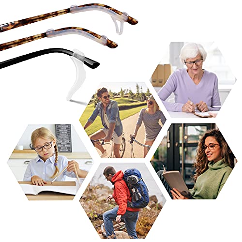 topstart 6 Pairs Upgrade Silicone Eyeglasses Temple Tips Sleeve with Hook, Anti-slip Elastic Eyeglasses Retainers Ear Hook Comfort Eyeglasses Ear Grips for Kids Adults (3 Variety Designs) (Clear)