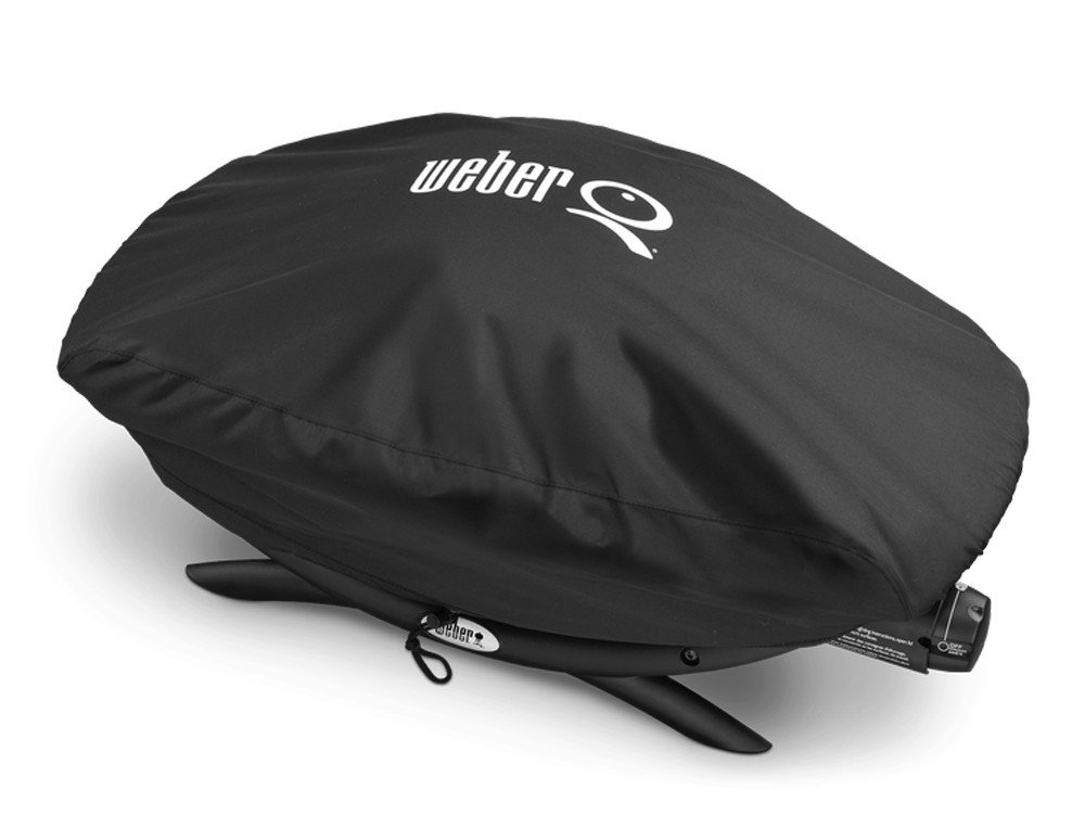 Weber Premium BBQ Cover/For Q 200/2000 Series Barbecues, Breathable Water-Resistant Fabric with UV Protection and Drawstring Closure, Black, 32 x 48 x 82 cm