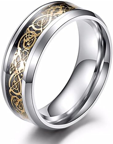 Chryssa Youree DRAGON Men Women 8mm Stainless Steel Carbide Ring Blue Black Silver Carbon Fiber Silver Celtic Dragon Inlay Wedding Band Size 6-12 (YW-04) (size 7, silver-yellow)