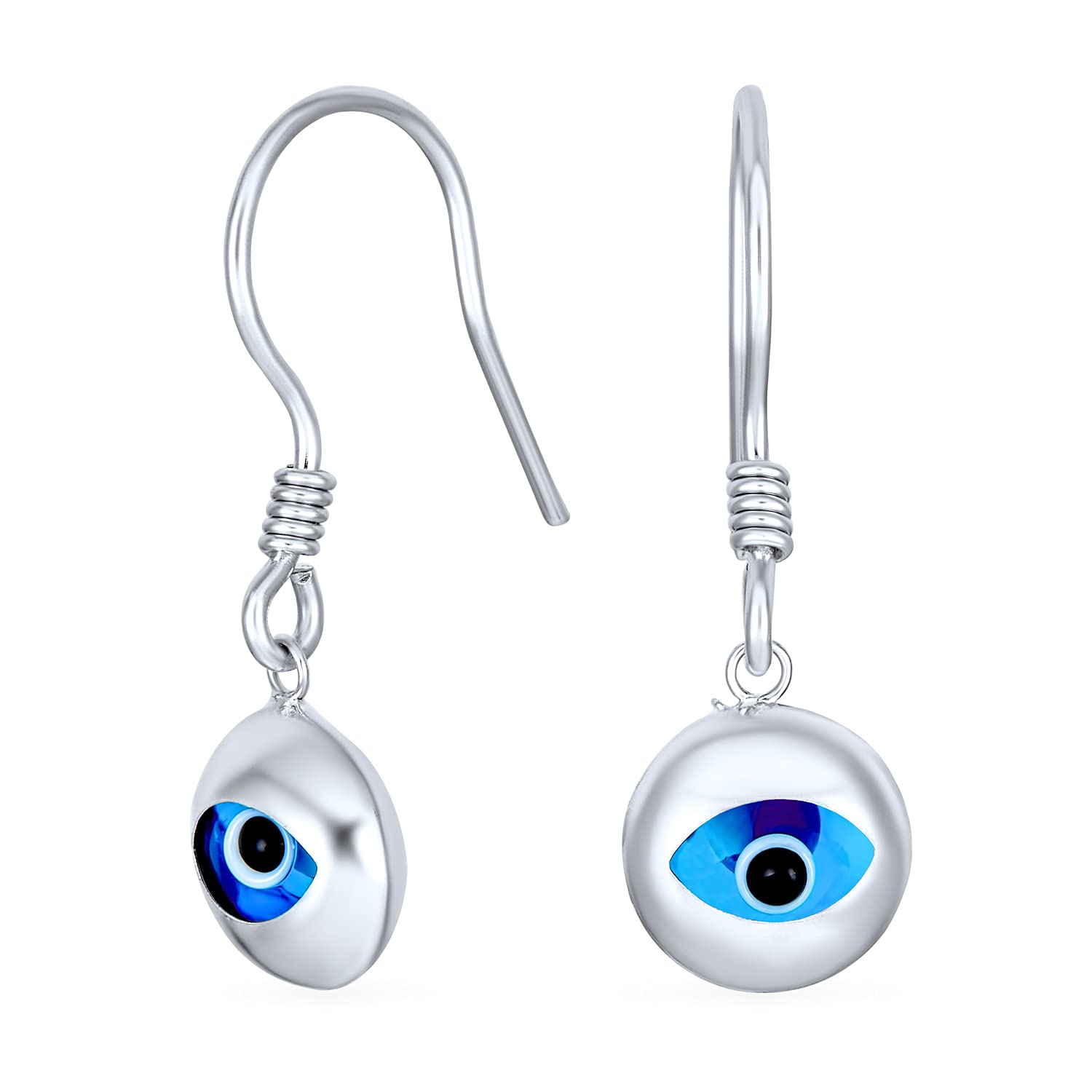 Turkish Spiritual Protection Amulet 3D Blue Nazar Evil Eye Round Circle Dangle Earrings For Women Teen Murano Glass .925 Sterling Silver Fish Hook