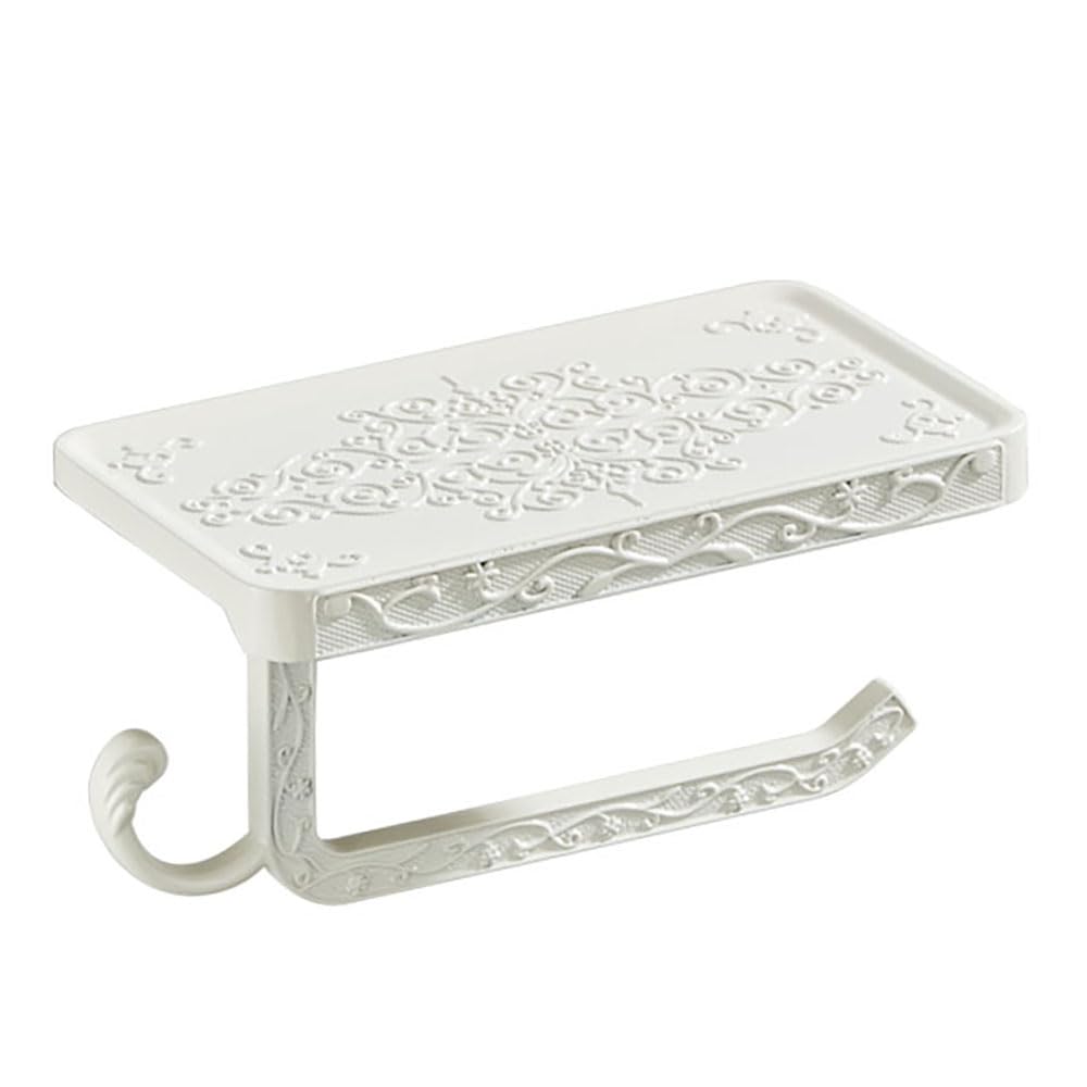 Vintage Toilet Paper Holder Wall Mount Toilet Roll Holder with Shelf and Hook Bronze Antique Bathroom Accessories Toilet Tissue Roll Holder Hanger Aluminum Material (White)