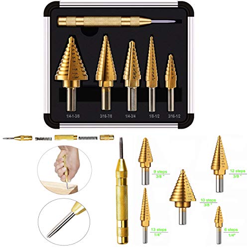 Step Drill Kit,Knoweasy 5PCS HSS Titanium Step Drill with Automatic Center Punch and Multiple