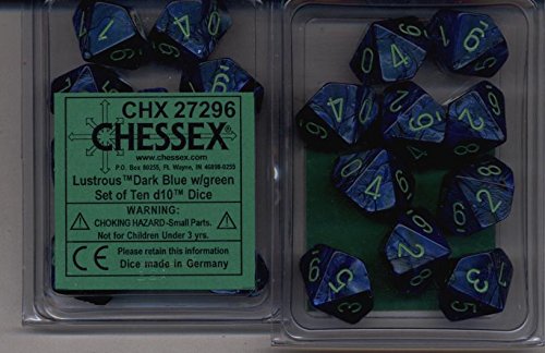 Chessex Dice Sets: Lustrous Dark Blue with Green Pips - Ten Sided Die