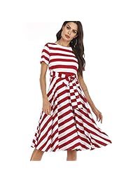 QUNNDY Vestido de manga corta para mujer, estilo casual, con rayas sueltas, cintura elástica, de bolsillo