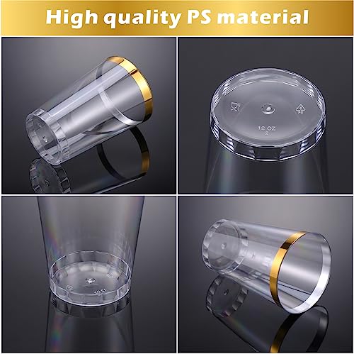 Hejo 60 Pieces Plastic Glasses with Gold Bordered Reusable Wine Glasses 360ml - 12oz, Plastic Cups Reusable for Cocktails, Champagne, Beer, Martini, Party But