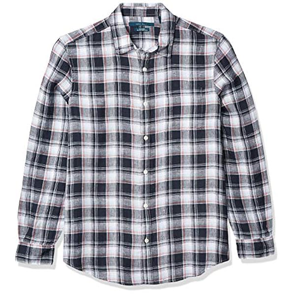 Perry Ellis メンズ ロールプレイドリネン長袖ボタンダウンシャツ