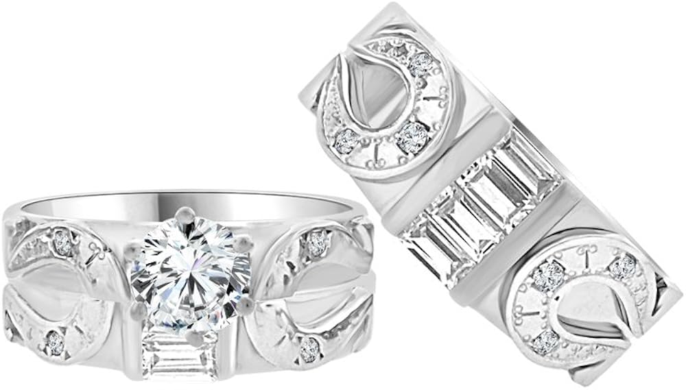14k White Gold, Trio 3 Piece Wedding Ring Set Horseshoe