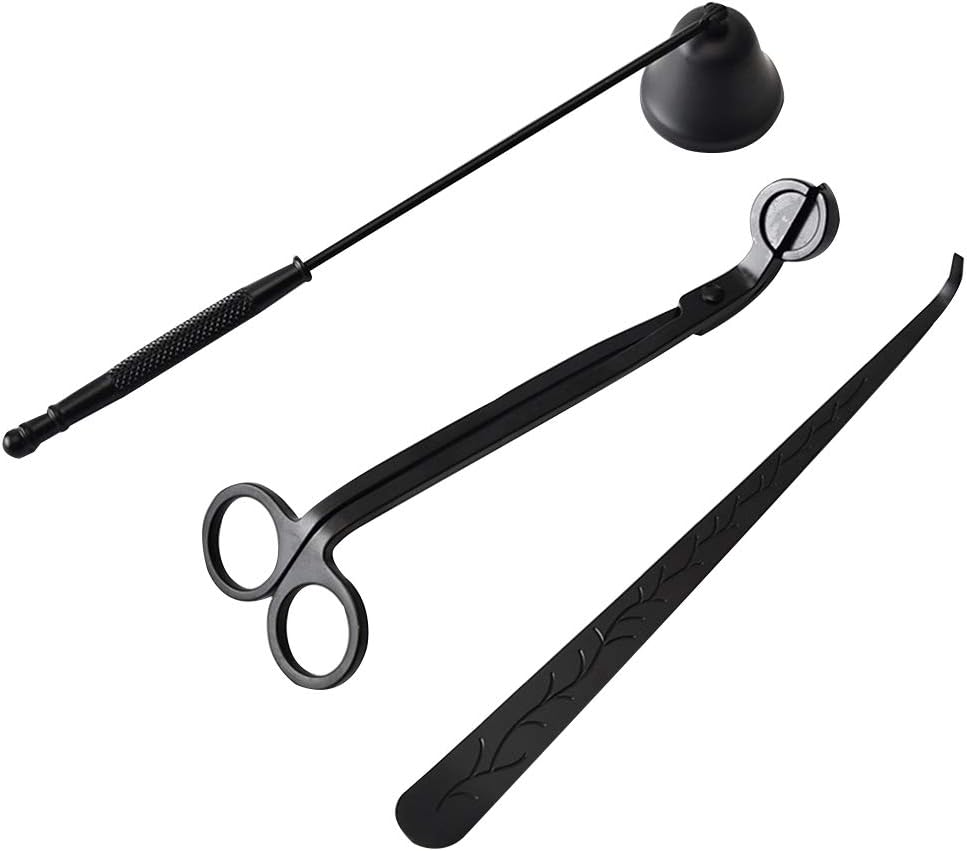 3in1 Scented Candles Snuffer Accessory Set - Long Handle Wick Trimmer Cover Dipper for Put Out Flame - Black Stainless Steel
