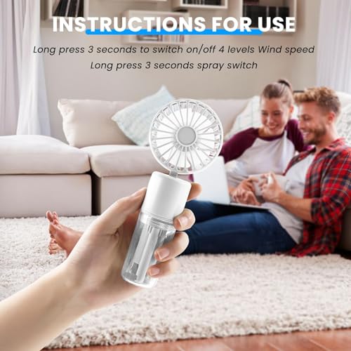 TERRIFI Mini Handheld Fan with Water Mist Spray - USB Rechargeable Portable Fan with 4 Speeds, Folding Design, and 55ml Water Bottle - Powerful Travel Desk Fan for Holiday, White