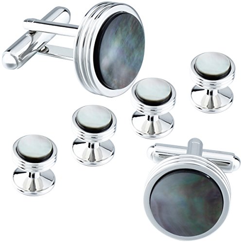 Grey mother of pearl cuff links and tuxedo studs set - …