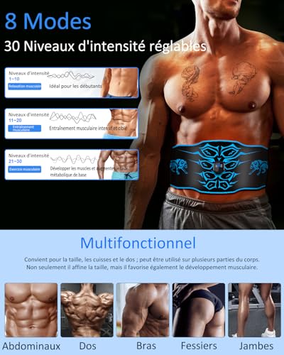 Electric Muscle Stimulator – Washable Electrostimulation Abdominal Belt, 8 Modes, 30 Levels, Rechargeable Portable Fitness Device, Suitable for Home, Office, Men and Women