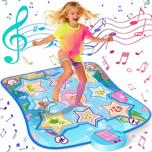 AZBFAN Dance Mat, Ocean-Themed Dance Game Toy Pad with LED Lights, Gift for Kids Girls 3-12, Adjustable Volume, Built-in Music, 5 Challenge Levels, Non-Slip & Foldable Rhythm Step Play Mat