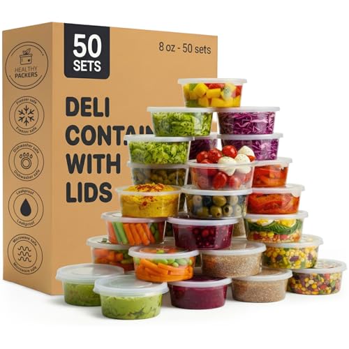 Healthy Packers 8oz Plastic Food Containers with lids (Set of 50) | Small Plastic Pots, Great for Meal Prep, Food and Freezer Storage, Soups, Sauces, Snacks and So Much More!