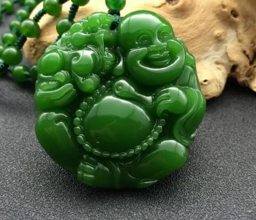 Natural Green Hand-carved Chinese Hetian Jade maitreya Pendant + Rope Necklace