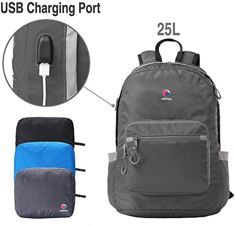 25L Durable Foldable Hiking Pack with USB Charging Port by Crofull, Gray
