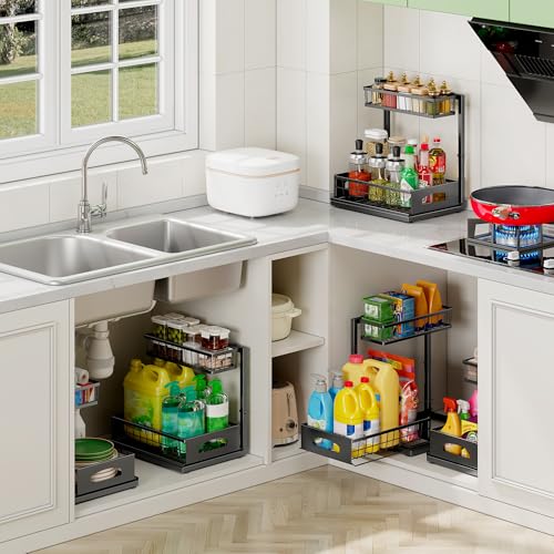 Fabutier Under Sink Organizer, 2 Pack Cabinet Organizer for Kitchen, Height Adjustable Pull Out Heavy Duty 2 Tier Metal Under Sink Storage for Bathroom Pantry (Black, 2 Pack)