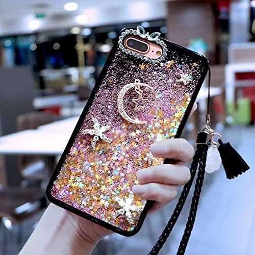 Amocase Liquid Hard Case with 2 in 1 Stylus for iPhone 7 Plus/iPhone 8 Plus 5.5 inch,Luxury 3D Moon Stars Bling Glitter Quicksand Soft Rubber Bumper Crystal Case with Hand Wrist Strap - Pink