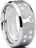 9MM Sating Finish / High Polish Deer Track Titanium Ring Wedding Band, Outdoor Jewelry, Men's Hunting Ring
