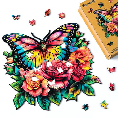 Figured'Art Puzzle de Madera para Adultos y Niños, Rompecabezas de 200 Piezas Animales - Mariposa y Rosas - Diseño Original 29x28,3 cm, Caja de Madera Premium, Regalar