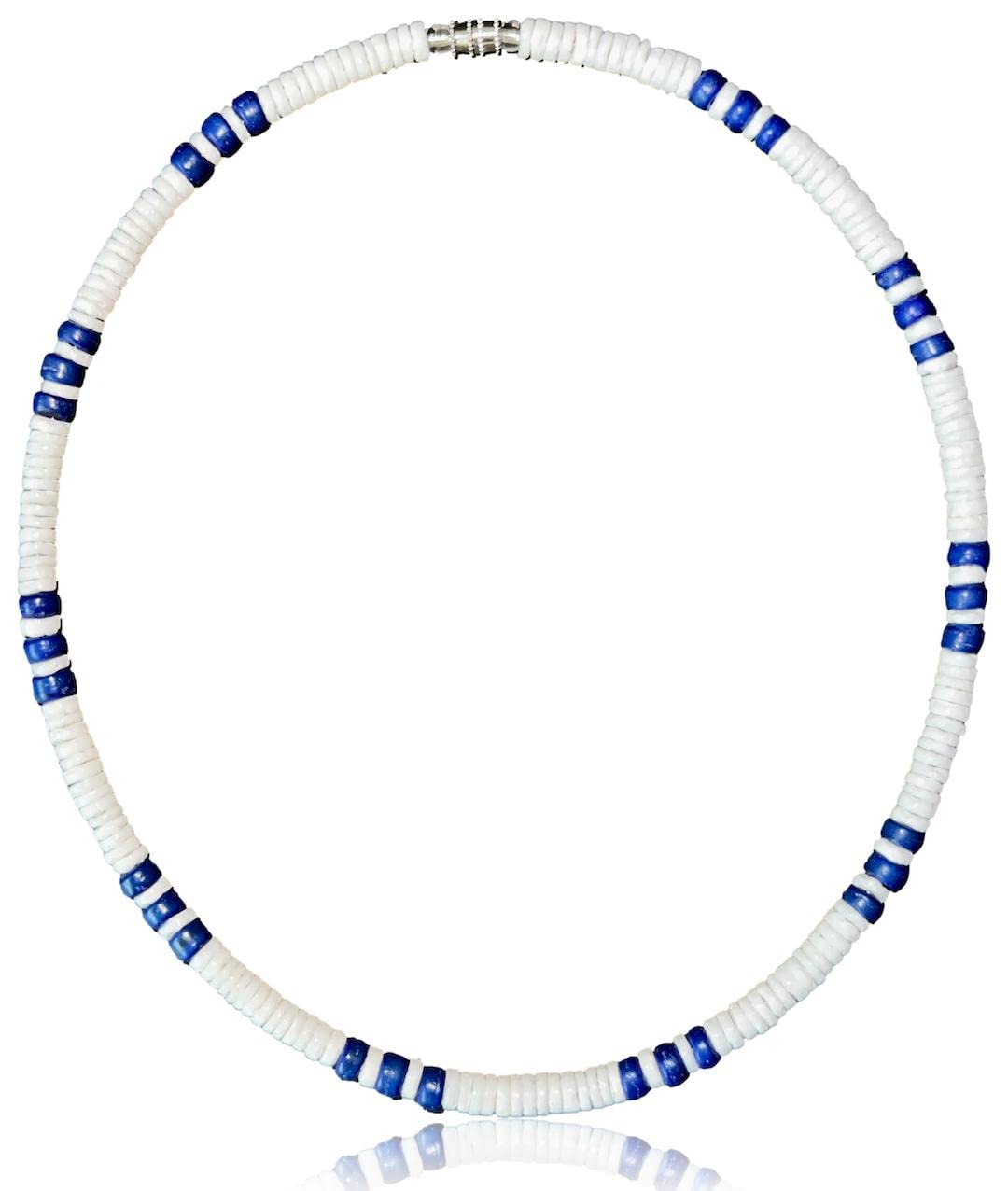 Photo 1 of Native Treasure 19" Mens and Womens Summer Beach Surfer Necklace From the Philippines, White Ark Shells and Dodger Blue Coconut Beads, Mens Beach Necklace (19, Inches)