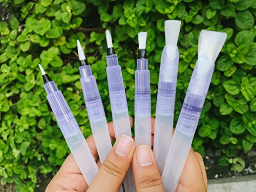Water Brush Pens - Set of 6 brush tips - Perfect to use with watercolor paints, water soluble pencils, brush pens, markers - Blends with water - Convenient - Aqua Pen - MozArt Supplies