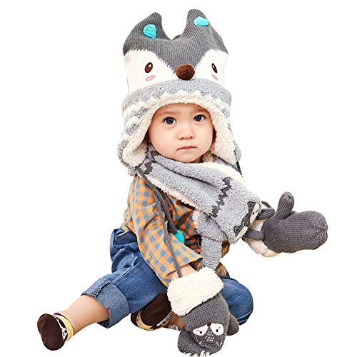 Kids Beanie Hat Scarf Gloves Set Winter Warm Fox Design Super Thick Knitted Skull Cap with Earmuffs Cross Scarf Gloves for Baby Girls Boys,Gray,S