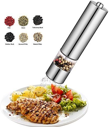 BLUEAUTY Pepper Grinder Stainless Steel Salt Mill Battery Powered Steel Electric Spice Shaker with LED Light,Adjustable Ceramic Grinder