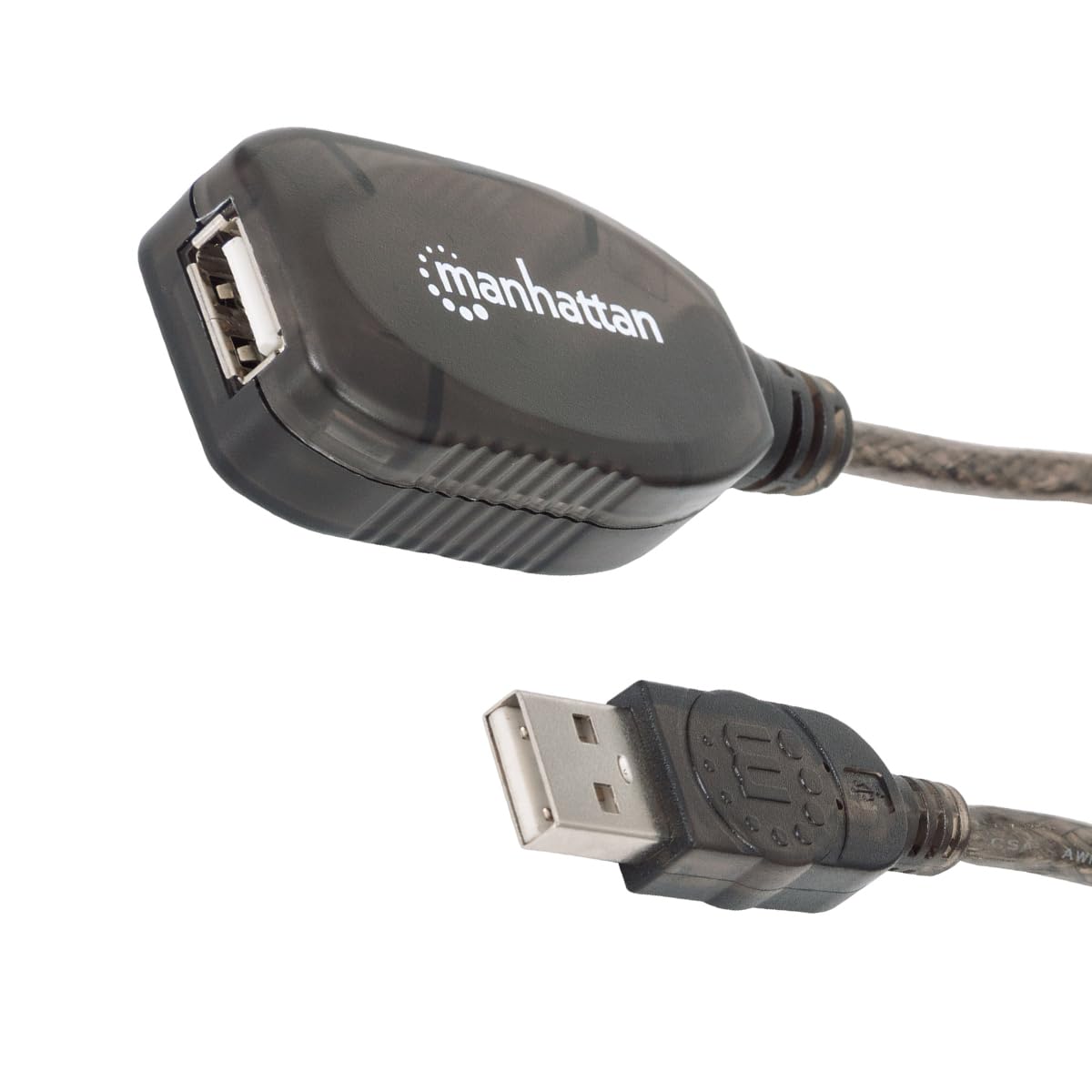Manhattan USB-A to USB-A Extension Cable, 20m, Male to Female, Active, 480 Mbps (USB 2.0), Daisy-Chainable, Built In Repeater, Hi-Speed USB, Black, Three Year Warranty, Boxed