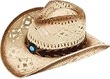 Women & Men's Classic Western Cowboy Hat Summer Straw Sun Hat, Blue Bead Emblem