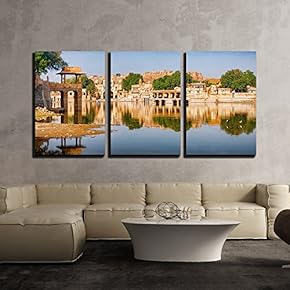 3 Piece Canvas Wall Art - Gadi Sagar (Gadisar) Lake is One of The Most Important Tourist Attractions - Modern Home Art Stretched and Framed Ready to Hang - 16"x24"x3 Panels