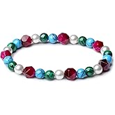 MetJakt Women's Multi Gemstone 6MM Malachite Beaded Bracelets Handmade 18K Gold Ball Stretch Natural Stone Pearl Jewelry