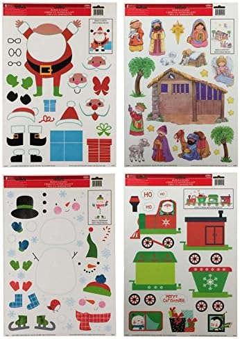 Christmas Window Cling Decorations - 4 Large Sheet Sets Featuring Nativity Scene, Snowmen, Santa and Holiday Trains