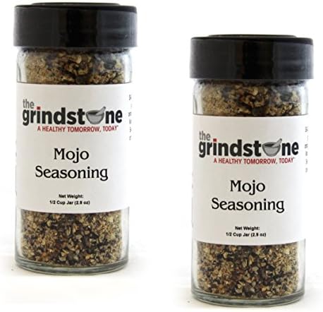The Grindstone | MOJO SEASONING | Spices of the World | Non GMO | Hand Blended Spices | 1/2 Cup Size | 2.50 oz. Glass Bottle with Sifter | Pack of 2