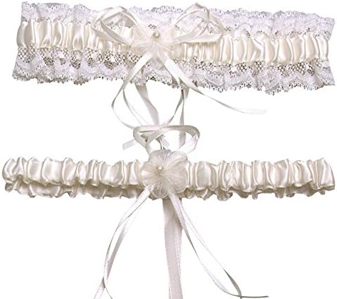 Women's Bowknot Bridal Accessories Satin Lace Set of 2 Piece Vintage Wedding Garters Ivory